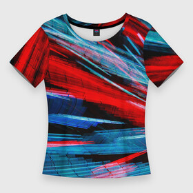 Женская футболка 3D Slim с принтом Неоновые прерывающиеся линии  Красный и голубой в Петрозаводске,  |  | abstraction | art | artwork | colorful | colors | neon | surrealism | абстракция | арт | искусство | краски | линии | лучи | неон | разноцветный | сюрреализм | цвета