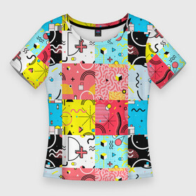 Женская футболка 3D Slim с принтом COLORED GEOMETRIC SHAPES в Петрозаводске,  |  | абстракция | графический | декоративные | желтый | зеленый | квадраты | красный | красочный | круги | линии | разноцветные | розовый | синий | треугольник | треугольники | узоры | фиолетовый | форма