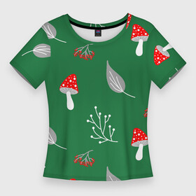 Женская футболка 3D Slim с принтом Грибочки на зеленом фоне, паттерн в Петрозаводске,  |  | berries | berry | cottagecore | forest | gray | mushroom | red | white | белый | бесшовный | ветки | веточки | грибочки | грибы | детский | зелены | красный | лес | лето | листики | листья | милый | минималистичный | мухоморы | осень