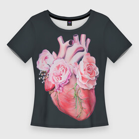Женская футболка 3D Slim с принтом Сердце и Розы в Петрозаводске,  |  | анатомическое сердце | розовые розы | розы | сердце | цветы