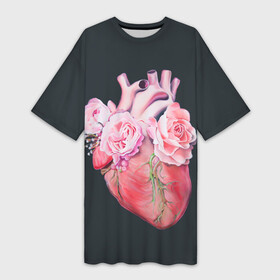 Платье-футболка 3D с принтом Сердце и Розы в Петрозаводске,  |  | анатомическое сердце | розовые розы | розы | сердце | цветы
