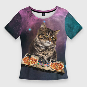 Женская футболка 3D Slim с принтом Космический котёнок диджей  Space DJ Cat в Петрозаводске,  |  | galaxy | in space | pizza | vinyl | vynil | в космосе | винил | вселенная | галактика | диск жокей | космическая кошка | космический кот | космос | кот | котик | котята | микшер | пицца | прикол | пульт | юмор