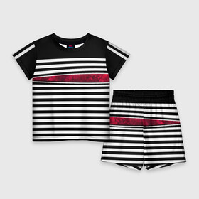 Детский костюм с шортами 3D с принтом Полосатый современный черно белый с красной вставкой узор в Петрозаводске,  |  | red | striped pattern | stripes | красный и черный | красный мрамор | полосатый узор | черно белый