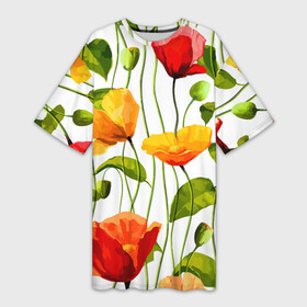 Платье-футболка 3D с принтом Волнообразный узор из цветков мака  Лето в Петрозаводске,  |  | fashion | flowers | leaf | pattern | stem | summer | лето | лист | маки | мода | паттерн | стебель | цветы