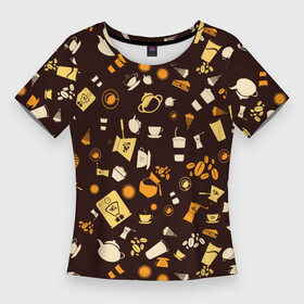 Женская футболка 3D Slim с принтом COFFEE PREPARATION TEXTURE в Петрозаводске,  |  | Тематика изображения на принте: brown | cappuccino | cup | drink | espresso | grain | turk | зерна | капучино | коричневый | любитель кофе | напиток | турка | чашка | эспрессо