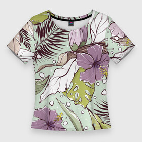 Женская футболка 3D Slim с принтом Розово сиреневые цветы петуньи с зеленовыми , бежевыми, белыми и коричневыми пальмовыми листами на мятном фоне в Петрозаводске,  |  | банановый лист | белые листья | бесшовный | зелёные листья | зеленый | летний паттерн | монстера | мятный | пальмовые листья | паттерн | петунья | розовые цветы | садовые цветы