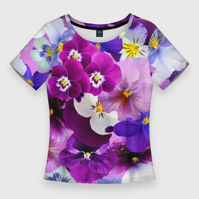 Женская футболка 3D Slim с принтом CHARMING PANSIES в Петрозаводске,  |  | botanical | bouquet | floral | garden | gre | nature | pansies | pink | plant | spring | summer | yellow | анютины глазки | ботанический | букет | весна | желтый | зеленый | красивый | красочный | лето | лист | природа | растение | розовый