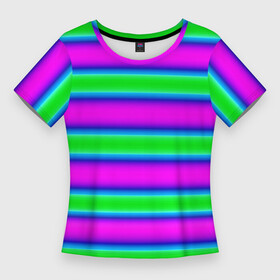 Женская футболка 3D Slim с принтом Зеленый и фиолетовые яркие неоновые полосы striped pattern в Петрозаводске,  |  | modern | neon | striped pattern | горизонтальные полоы | зеленые полосы | полосатый узор | фиолетовые полосы