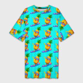 Платье-футболка 3D с принтом PINEAPPLE ON A SKATEBOARD в Петрозаводске,  |  | colorful | cute | food | fruity | funny | green | happy | orange | summer | tropical | yellow | ананас | еда | желтый | забавный | зеленый | красочный | летний | милый | оранжевый | скейтборд | счастливый | тропический | фруктовый