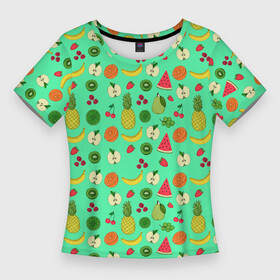 Женская футболка 3D Slim с принтом FAVORITE FRUITS в Петрозаводске,  |  | a | favorite | food | grapes | green | healthy | kiwi | lemon | raspberry | strawberry | summer | yellow | ананас | арбуз | банан | вегетарианец | виноград | еда | желтые | зеленые | киви | клубника | красный | летние | лимон | любимые | малина