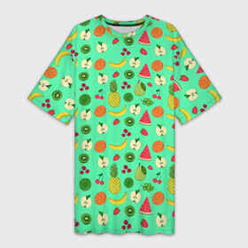 Платье-футболка 3D с принтом FAVORITE FRUITS в Петрозаводске,  |  | a | favorite | food | grapes | green | healthy | kiwi | lemon | raspberry | strawberry | summer | yellow | ананас | арбуз | банан | вегетарианец | виноград | еда | желтые | зеленые | киви | клубника | красный | летние | лимон | любимые | малина