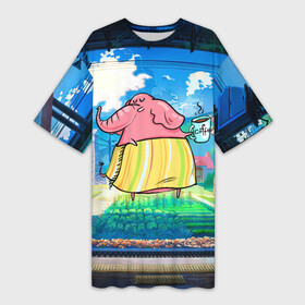 Платье-футболка 3D с принтом Слониха с кофе в Петрозаводске,  |  | кофе | слон | слон в юбке | слоненок | слониха
