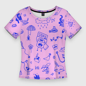 Женская футболка 3D Slim с принтом Doodle different characters and elements в Петрозаводске,  |  | бумага | дудл | иллюстрация | каракули | кот | кошка | линии | паттерн | персонажи | розовый | синий | смешной | собака | тату | чайка | юмор
