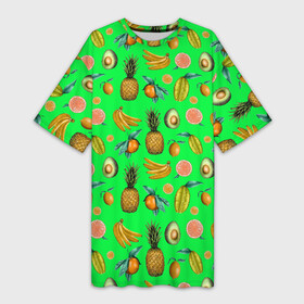 Платье-футболка 3D с принтом FAVORITE EXOTIC FRUITS в Петрозаводске,  |  | bananas | exotic | food | green | kiwi | leaf | lemon | natural | orange | pineapple | plant | sweet | tropical | yellow | ананас | апельсин | бананы | еда | желтый | зеленый | киви | лимон | лист | натуральный | оранжевый | растение | сладкий | тропическ