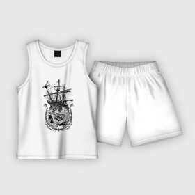 Детская пижама с шортами хлопок с принтом The frigate and the Pirate s Skull в Петрозаводске,  |  | anchor | emblem | fish | frigate | mast | ornament | skull | мачта | орнамент | рыба | фрегат | череп | эмблема | якорь