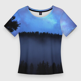 Женская футболка 3D Slim с принтом Неоновое небо над лесом в Петрозаводске,  |  | forest | деревья | дым | лес | мрачный лес | небо | неон | неоновый | природа | туман