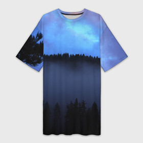 Платье-футболка 3D с принтом Неоновое небо над лесом в Петрозаводске,  |  | forest | деревья | дым | лес | мрачный лес | небо | неон | неоновый | природа | туман