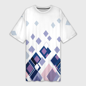 Платье-футболка 3D с принтом Геометрический узор в бело синий тонах в Петрозаводске,  |  | blue | diamonds | geometric | white | бело синий | белый | геометрический узор | ромбы | синий