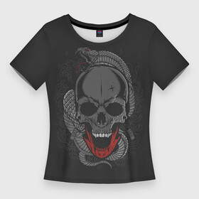Женская футболка 3D Slim с принтом ЧЕРЕП СО ЗМЕЁЙ в Петрозаводске,  |  | art | background | gothic | skeleton | skull | snake | teeth | арт | готика | змея | зубы | скелет | фон | череп