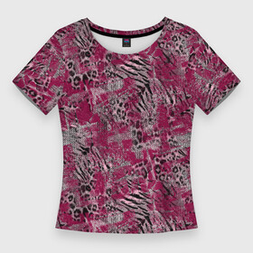 Женская футболка 3D Slim с принтом Тигровый леопардовый гранж в Петрозаводске,  |  | abstract | grunge | leopard | leopard skin | spott | striped | teaser skin | tiger | абстрактный | бордовый | вишневый | гранжевый | леопардовый | полосатый | пятнистый | текстурированный | тигровый | черный