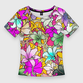 Женская футболка 3D Slim с принтом COLORED LILIES в Петрозаводске,  |  | beautiful | blue | bouquet | color | colorful | flora | floral | flowering | green | lily | patt | petal | plant | summer | white | yellow | белый | букет | желтый | зеленый | красивый | красочный | лепесток | лето | лилия | растение | синий | узор | флор