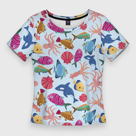 Женская футболка 3D Slim с принтом Паттерн из морских жителей  Лето в Петрозаводске,  |  | calmar | fin | fish | killer whale | octopus | shell | summer | кальмар | касатка | лето | осьминог | плавник | ракушка | рыба