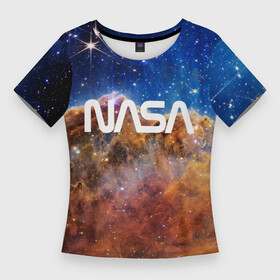 Женская футболка 3D Slim с принтом Лого NASA и Туманность Киля в Петрозаводске,  |  | james webb telescope | nasa | space | universe | вселенная | зведы | звездное небо | космос | наса | телескоп джеймс уэбб | туманность киля | туманность киля джеймс уэбб | туманность киля наса | фото вселенная