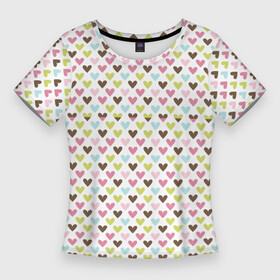 Женская футболка 3D Slim с принтом Разноцветные светлые сердечки в Петрозаводске,  |  | абстрактные | абстракция | геометрия | классика | классические | нейтральные | спокойные | узор | узоры