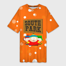 Платье-футболка 3D с принтом Южный Парк  на фоне кружков в Петрозаводске,  |  | south park | sp | батерс | баттерс | гарисон | кайл брофловски | картман | кеннет | кенни | маккормик | марш | мистер | мультфильм | ренди | саус парк | сауспарк | стэн | стэнли | твик | эрик | южный парк | юп