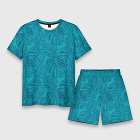 Мужской костюм с шортами 3D с принтом Синие листья монстеры на голубом в Петрозаводске,  |  | blue | blue leaves | botanical | hawaii | jungle | leaves | light blue | monochrome | monstera | palm | tropical | ботанический | гавайи | джунгли | листья | монохромный | монстера | пальма | синие листья | синий | тропический