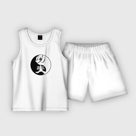 Детская пижама с шортами хлопок с принтом Кунг фу логотип на фоне знака ИНЬ ЯНЬ в Петрозаводске,  |  | kung fu | боевое исскуство | знак | инь янь | китайские иероглифы | кунг фу | кунгфу | чернобелое
