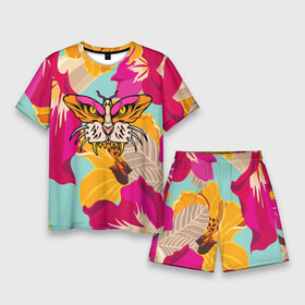 Мужской костюм с шортами 3D с принтом Цветы, бабочка и морда тигра в Петрозаводске,  |  | butterfly | fangs | flowers | illusion | jaw | tiger | бабочка | иллюзия | клыки | пасть | тигр | цветы