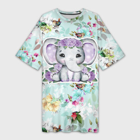 Платье-футболка 3D с принтом Милая слониха в цветах в Петрозаводске,  |  | слон | слон в цветах | слоненок | слониха | цветы