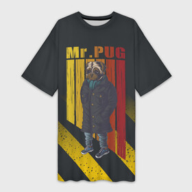 Платье-футболка 3D с принтом Мистер мопс в пальто в Петрозаводске,  |  | pug | мистер | мопс | мопс в пальто | пес | пес в пальто | собака