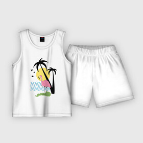 Детская пижама с шортами хлопок с принтом Фламинго на летнем пляже в Петрозаводске,  |  | Тематика изображения на принте: жара | жарко | лето | остров | пляж | птица | солнце | тепло | фламинго
