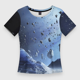 Женская футболка 3D Slim с принтом Космический пейзаж с ледяными скалами в Петрозаводске,  |  | ice | planet | rock | space | stones | камни | космос | лёд | планета | скала