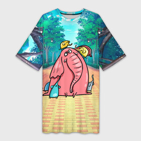 Платье-футболка 3D с принтом Розовая слониха со слонятами в Петрозаводске,  |  | розовый слон | слон | слониха | слоны | слонята
