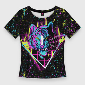 Женская футболка 3D Slim с принтом НЕОНОВЫЙ ТИГР  БРЫЗГИ в Петрозаводске,  |  | neon | брызги красок | животные | краски | неон | неоновый | тигр