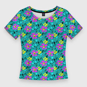 Женская футболка 3D Slim с принтом Яркий цветочный узор на бирюзовом фоне в Петрозаводске,  |  | бирюзовый | детский принт | летний узор | розовые цветы | цветочный узор | цветы | яркий розовый