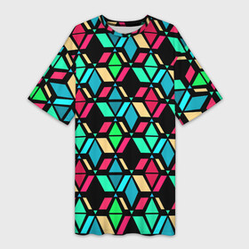 Платье-футболка 3D с принтом Геометрические фигуры темная текстура в Петрозаводске,  |  | геометрический узор | разноцветные фигуры | разноцветный | темный | черный