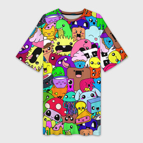 Платье-футболка 3D с принтом Монстрики Nastiprazdnik в Петрозаводске,  |  | donuts | lollipop | milkshake | worm | динозавр | дудл | капкейк | коала | кот | кролик | лапша | медуза | монстр | мороженка | мультяшки | мухомор | облако | панда | пончик | попкорн | радуга | слоник | суши | червяк