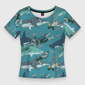 Женская футболка 3D Slim с принтом Ныряльщики и акулы  паттерн в Петрозаводске,  |  | diver | fin | fish | mutual understanding | ocean | pattern | shark | акула | взаимопонимание | ныряльщик | океан | паттерн | плавник | природа | рыба