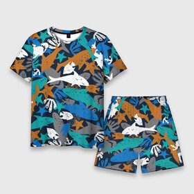 Мужской костюм с шортами 3D с принтом Акула и другие обитатели океана в Петрозаводске,  |  | anchor | coral | fish | ocean | pattern | sea | shark | starfish | акула | коралл | море | морская звезда | океан | паттерн | рыба | якорь