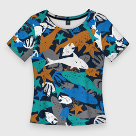 Женская футболка 3D Slim с принтом Акула и другие обитатели океана в Петрозаводске,  |  | anchor | coral | fish | ocean | pattern | sea | shark | starfish | акула | коралл | море | морская звезда | океан | паттерн | рыба | якорь