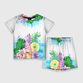 Детский костюм с шортами 3D с принтом Тропический рай и мороженое в Петрозаводске,  |  | Тематика изображения на принте: акварель | акварельный | ананас | летний | лето | лист пальмы | монстера | мороженое | отдых | рисунки | рисунок | тропики | тропический | фрукты | цветы | экзотические цветы | экзотический