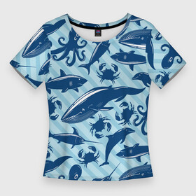 Женская футболка 3D Slim с принтом Жители океанских глубин в Петрозаводске,  |  | crab | dolphin | marlin | ocean | octopus | shark | whale | акула | дельфин | кит | краб | марлин | океан | осьминог