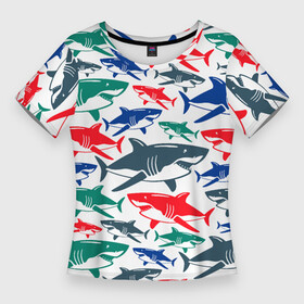 Женская футболка 3D Slim с принтом Стая разноцветных акул  паттерн в Петрозаводске,  |  | color | fin | jaw | pack | pattern | shark | summer | tail | teeth | акула | зубы | лето | пасть | паттерн | плавник | стая | хвост | цвет