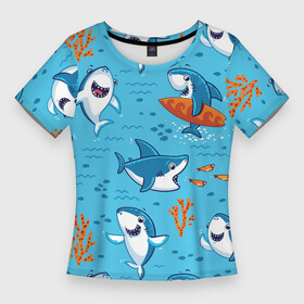 Женская футболка 3D Slim с принтом Прикольные акулята  паттерн в Петрозаводске,  |  | coral | eyes | fin | fish | jaw | ocean | sea | shark | smile | summer | teeth | акула | глаза | зубы | коралл | лето | море | океан | пасть | плавник | рыба | улыбка