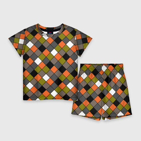 Детский костюм с шортами 3D с принтом Геометрический узор в коричнево оливковых тонах в Петрозаводске,  |  | геометрический узор | квадрат | клетка | косая клетка | оливковый | оранжевый | черный