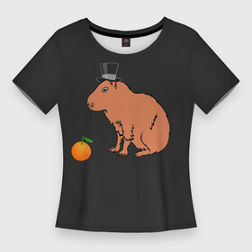 Женская футболка 3D Slim с принтом Капибара в цилиндре в Петрозаводске,  |  | capybara | апельсин около капибары | капибара в шляпе | капибара мем | капибара с апельсином | морская свинка | покерфейс капибара | цилиндр